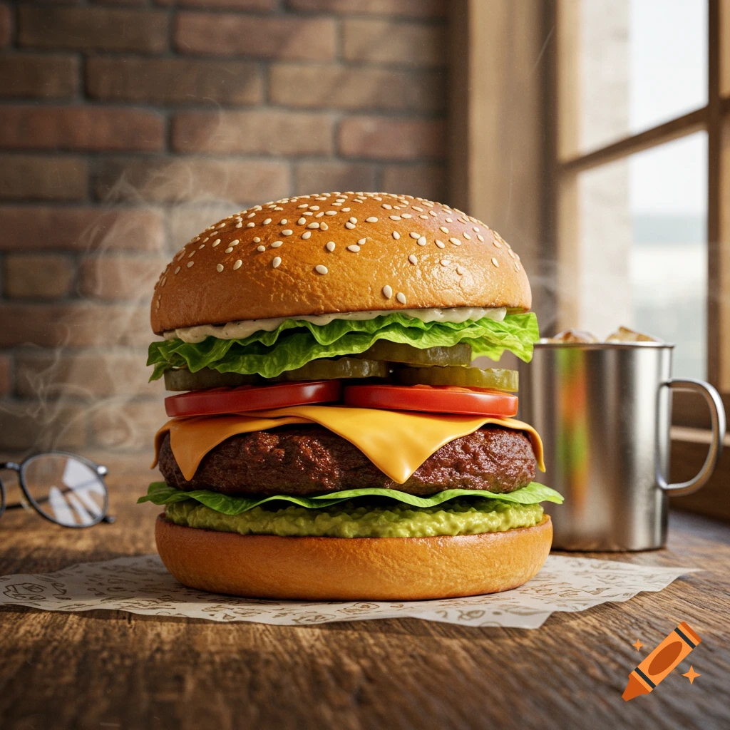 Photorealistic hamburger with sesame bun, lettuce, tomato, cheese, pickles, and steam, on a wooden table.