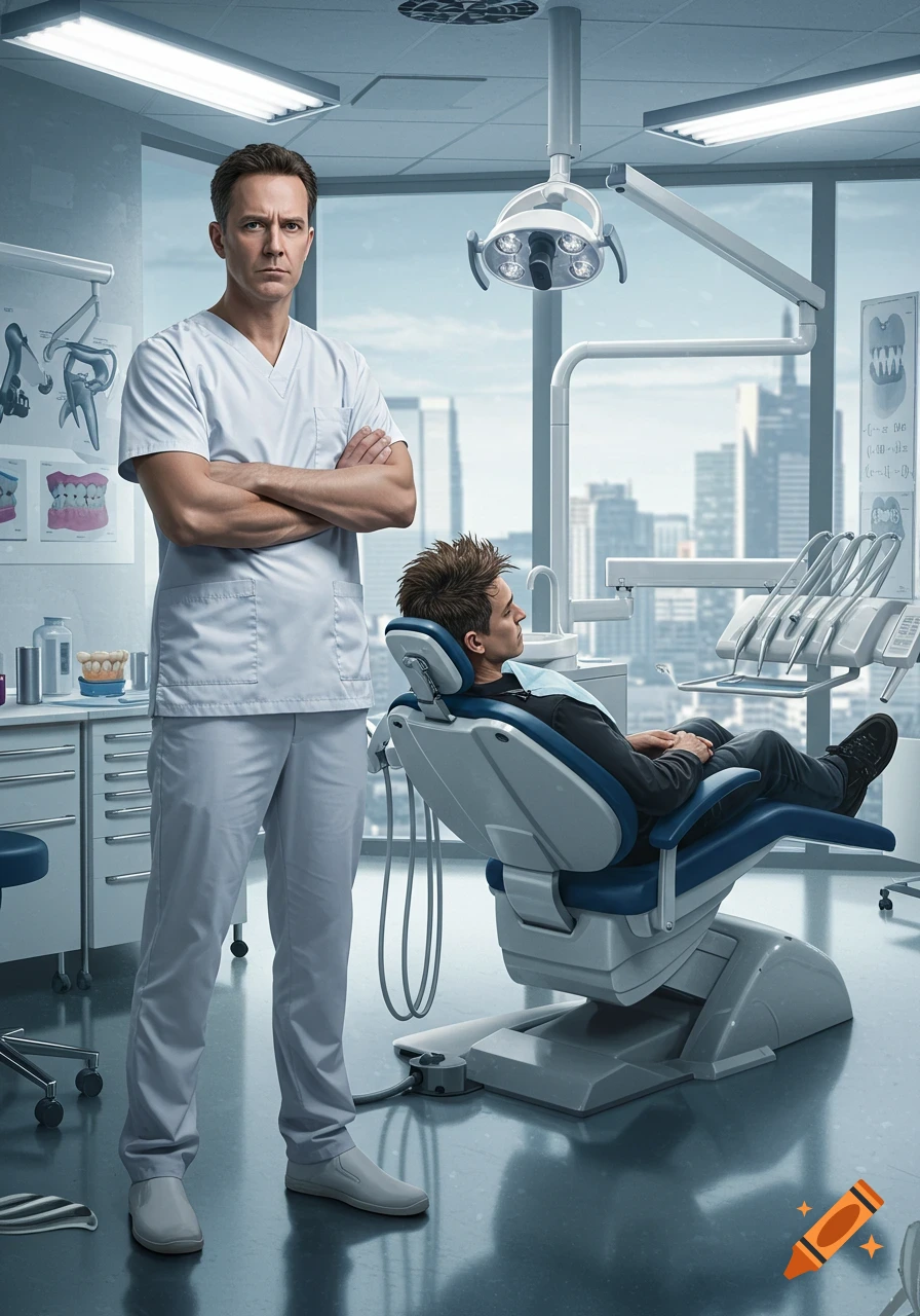 A serious-looking dentist in scrubs stands with arms crossed next to a patient reclining in a dental chair in a modern office with a city view.