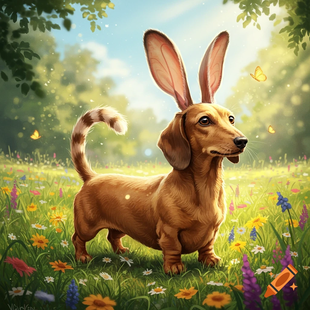 A whimsical dachshund with long rabbit ears and a striped cat's tail stands in a sunny field of colorful wildflowers with butterflies.