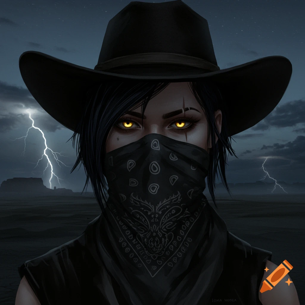 Close-up of a woman in a black cowboy hat and bandana with glowing golden eyes, against a stormy desert with lightning.