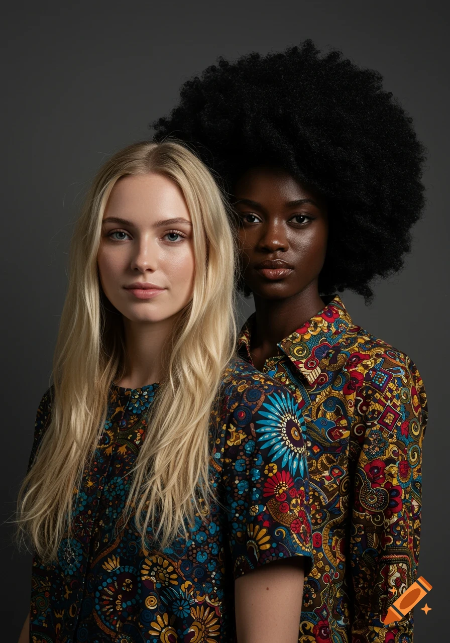 A photorealistic studio portrait of a blonde woman and a Black woman, both wearing vibrantly patterned shirts, looking directly at the camera.
