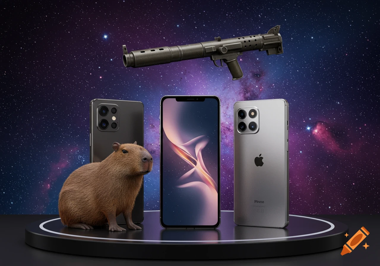 A capybara sits on a black circular platform next to three modern smartphones against a starry galaxy background, with a rocket-propelled grenade launcher floating above.