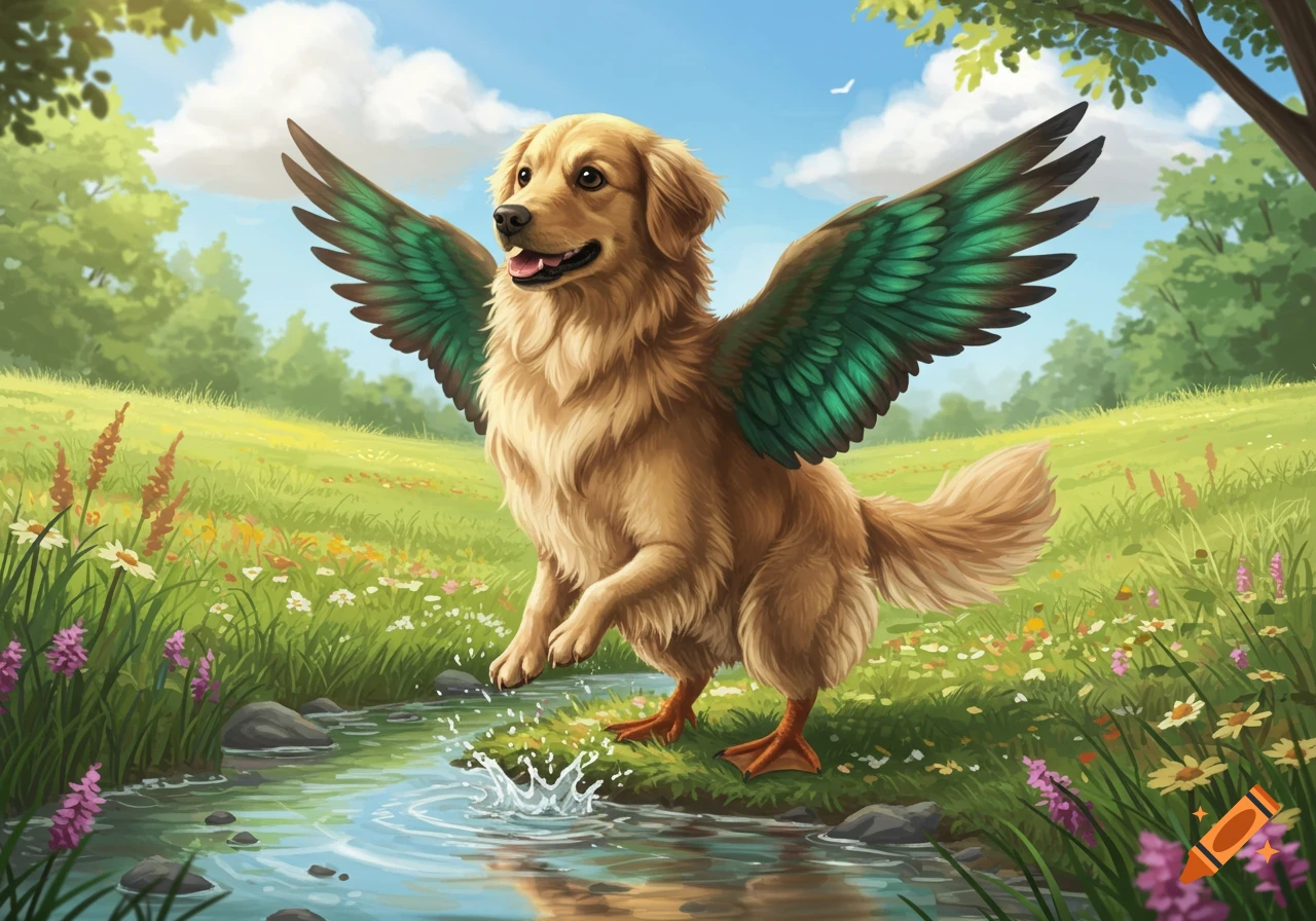 An illustrated golden retriever with duck wings and webbed feet splashes water in a sunlit, grassy field by a stream.