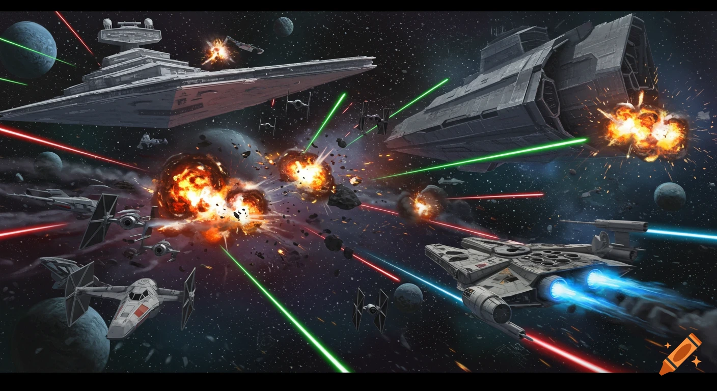 Star Wars space battle illustration with Star Destroyers, TIE fighters, X-wings, and the Millennium Falcon amidst explosions and laser fire in deep space.