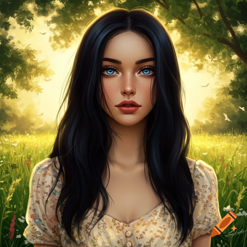 A digitally painted portrait of a young woman with long black hair and bright blue eyes, standing in a sunlit field.