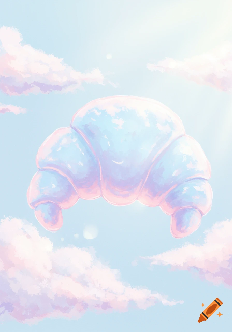 A pastel blue croissant-shaped cloud floats in a light blue sky with soft pink clouds, rendered in a watercolor style.