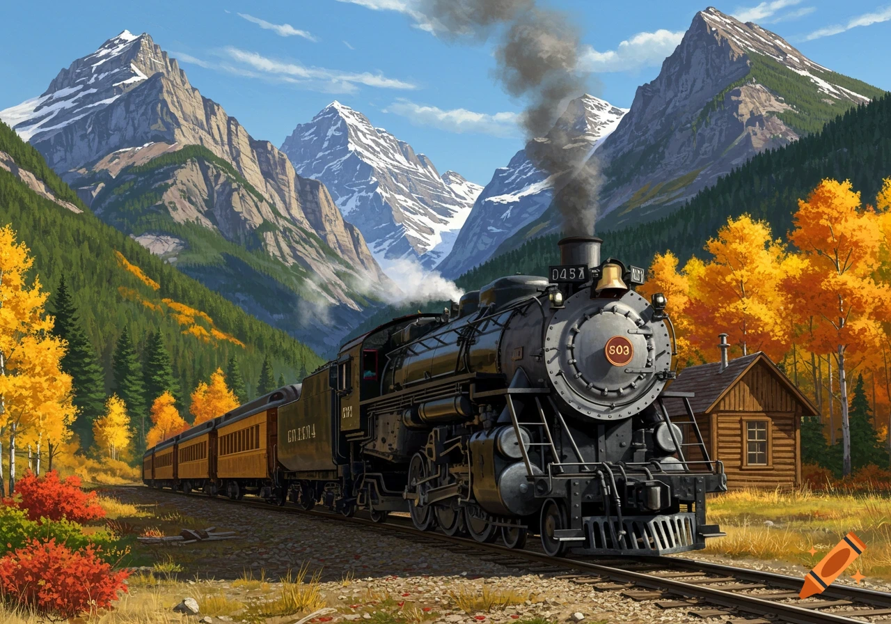 A black steam train travels through a vibrant autumn mountain landscape with snowy peaks and a small wooden cabin.