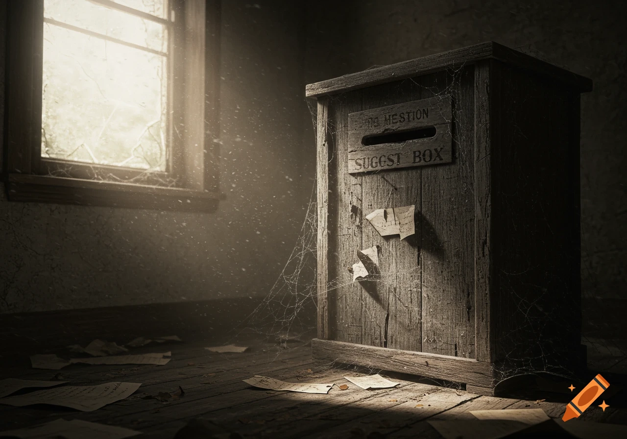 A dusty, old wooden suggestion box with cobwebs and scattered papers on the floor of an abandoned room, illuminated by a window.