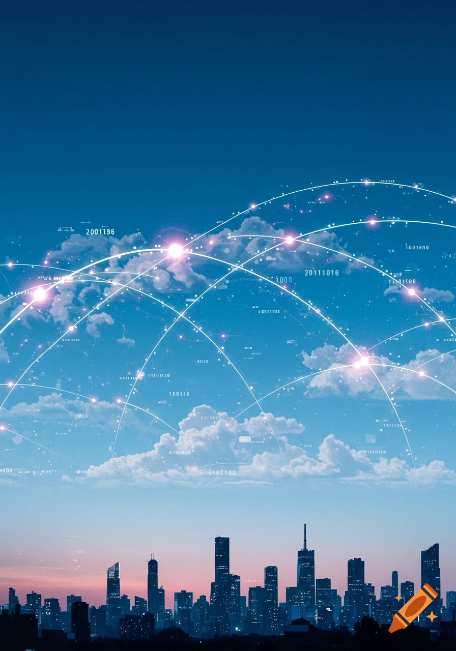A stylized network of light lines and glowing nodes spans a blue sky with clouds, above a dark city skyline at dusk.