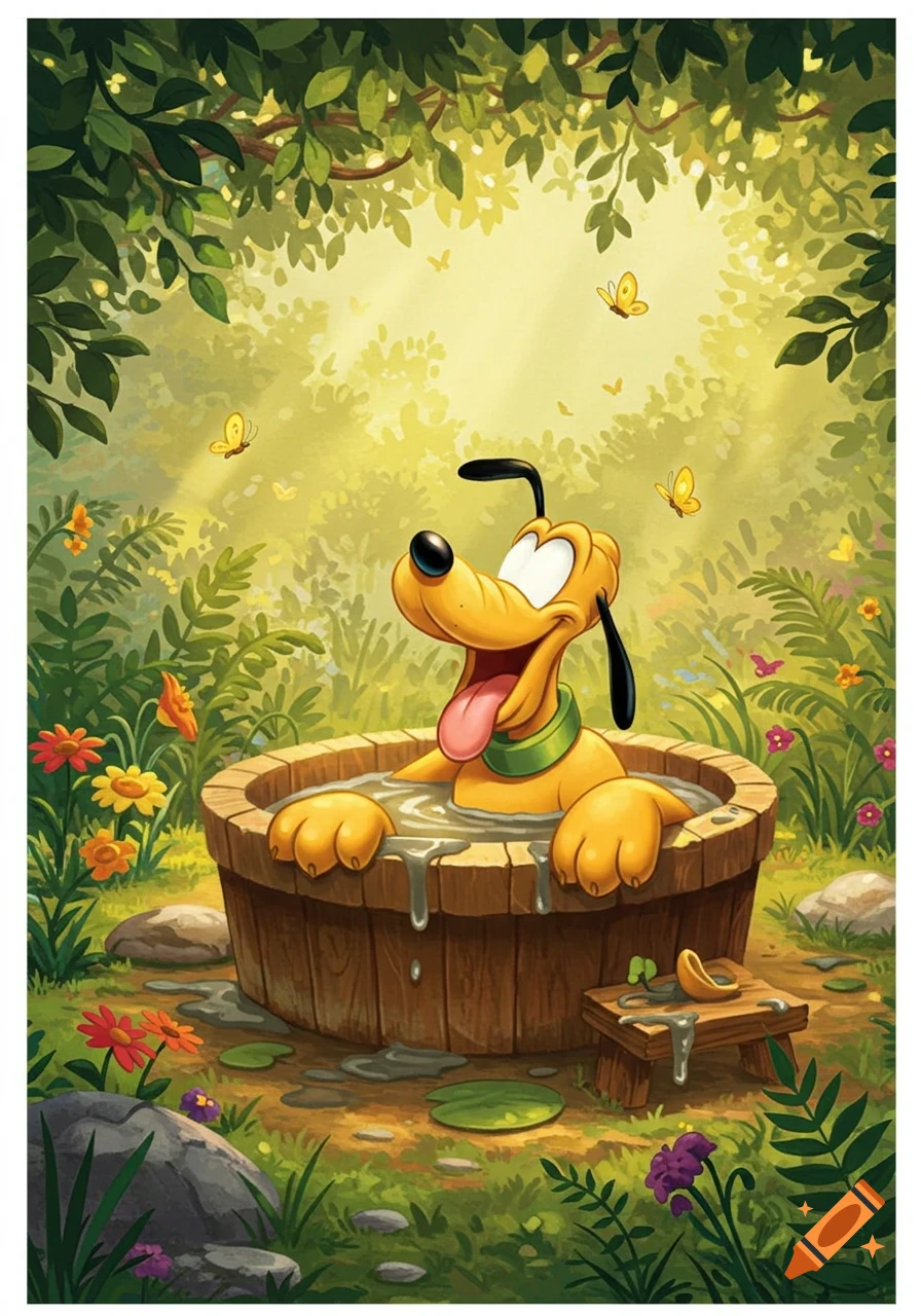 Pluto the dog happily relaxing in a wooden tub filled with mud in a vibrant, sunlit forest with butterflies, cartoon style.