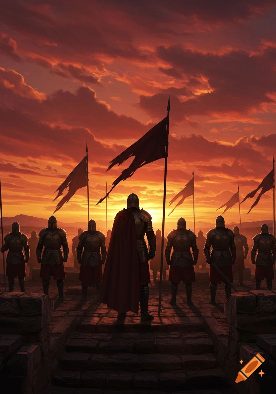 Armored soldiers with tattered flags stand on a stone platform, silhouetted against a dramatic orange and red sunset.