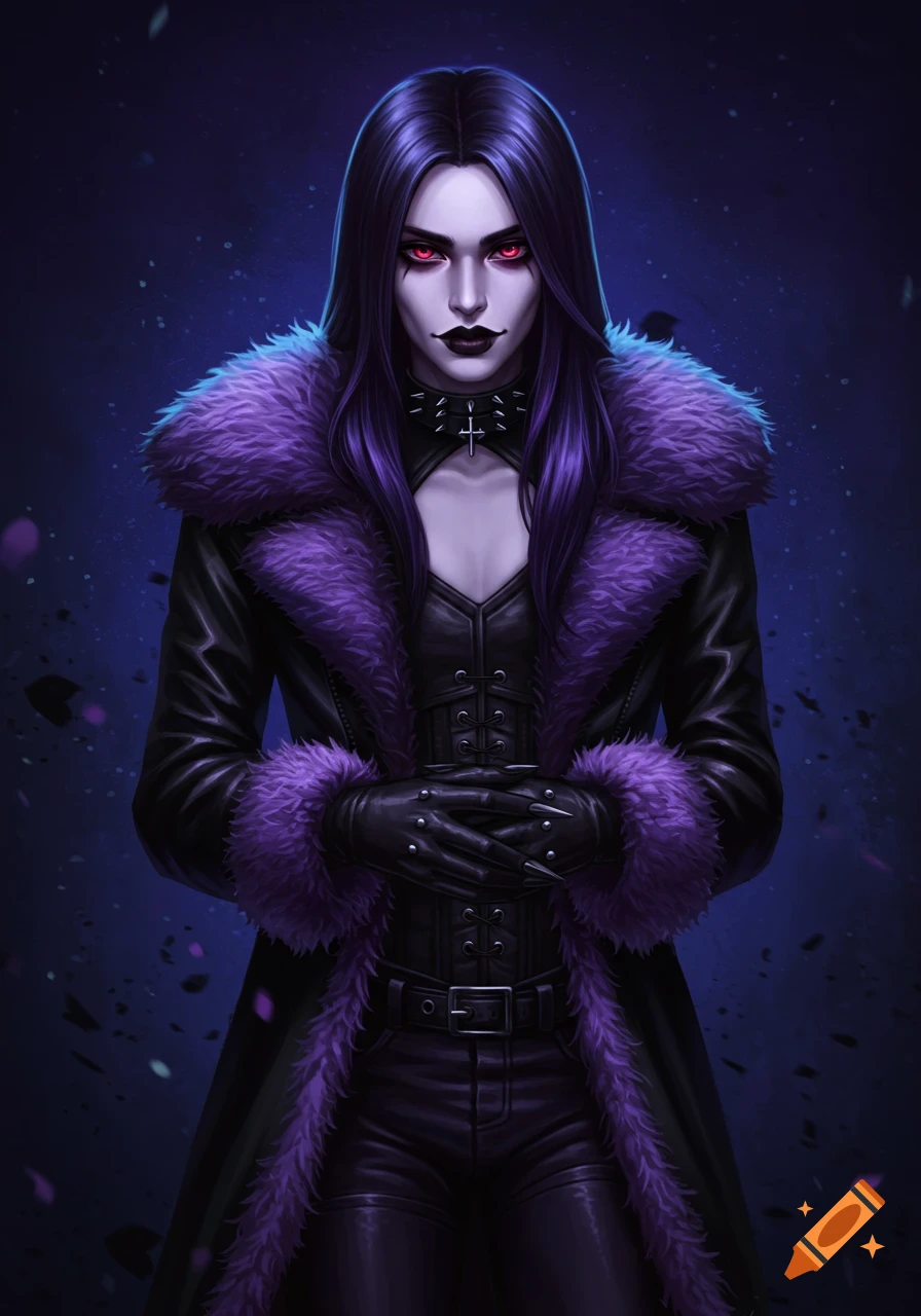 Gothic woman with pale skin, red eyes, purple hair, and black lipstick, wearing a black leather coat with purple fur and spiked gloves.