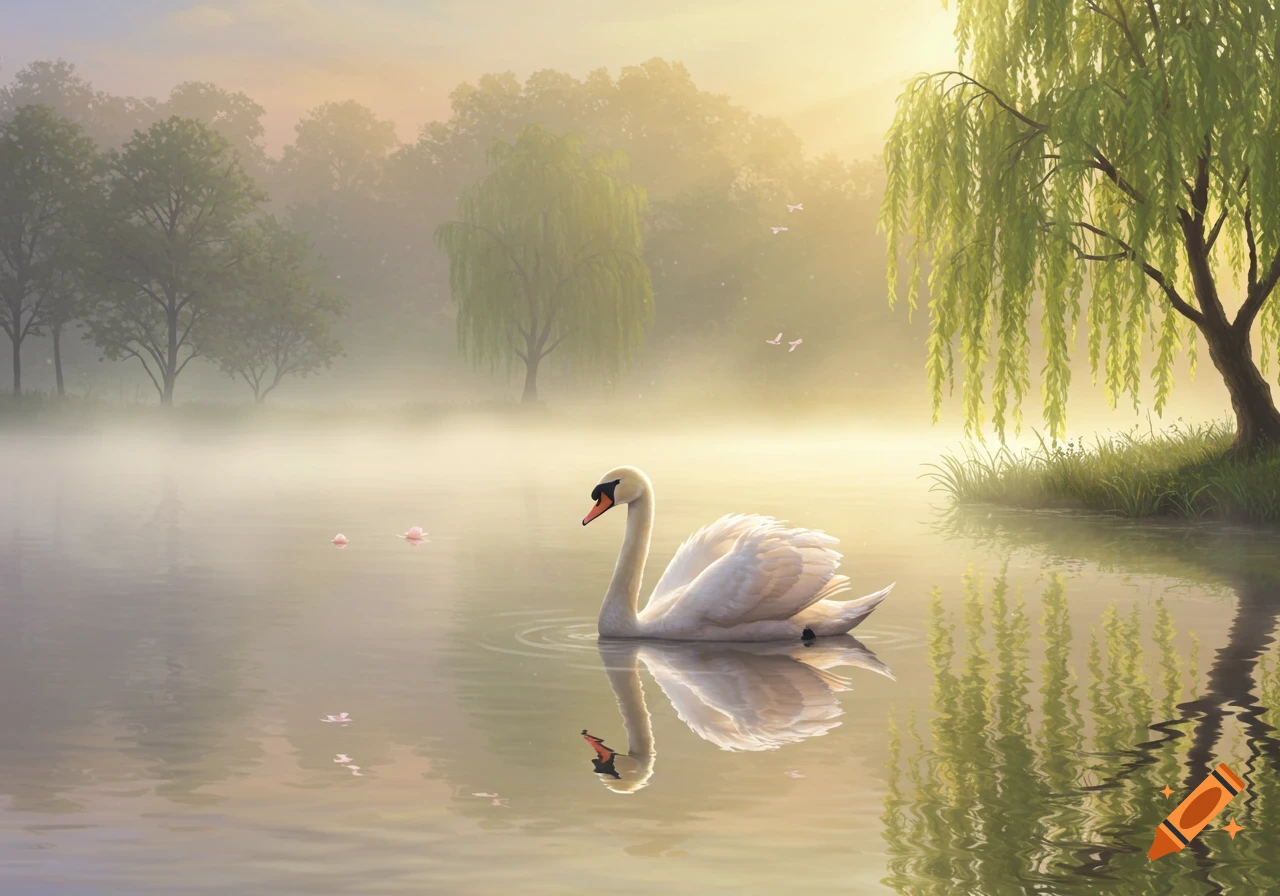 A white swan floats gracefully on a misty lake during sunrise, with lush green trees and a weeping willow.