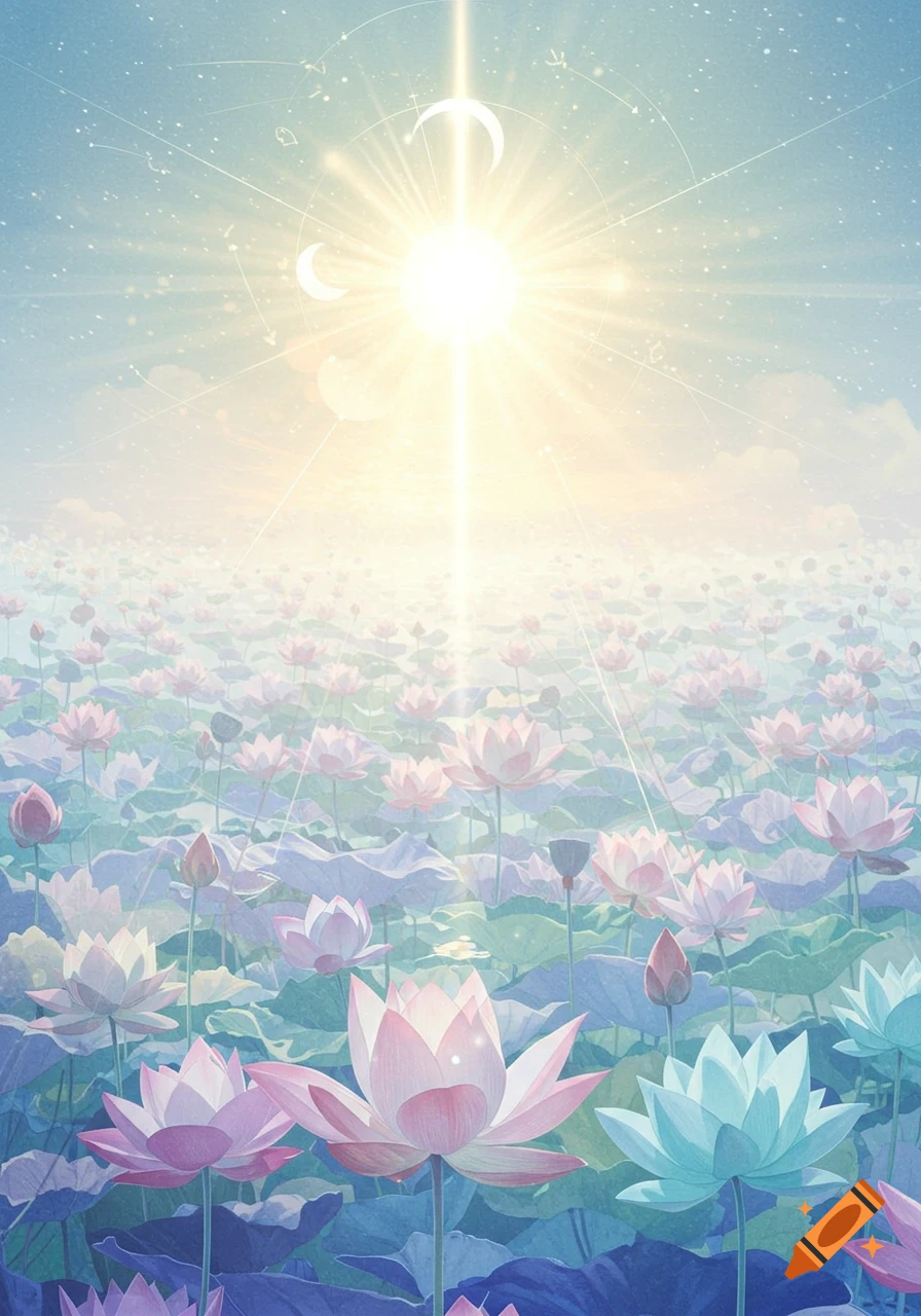 A vast field of pastel pink and blue lotus flowers under a radiant sky with sun and crescent moons, in an artistic, dreamlike style.