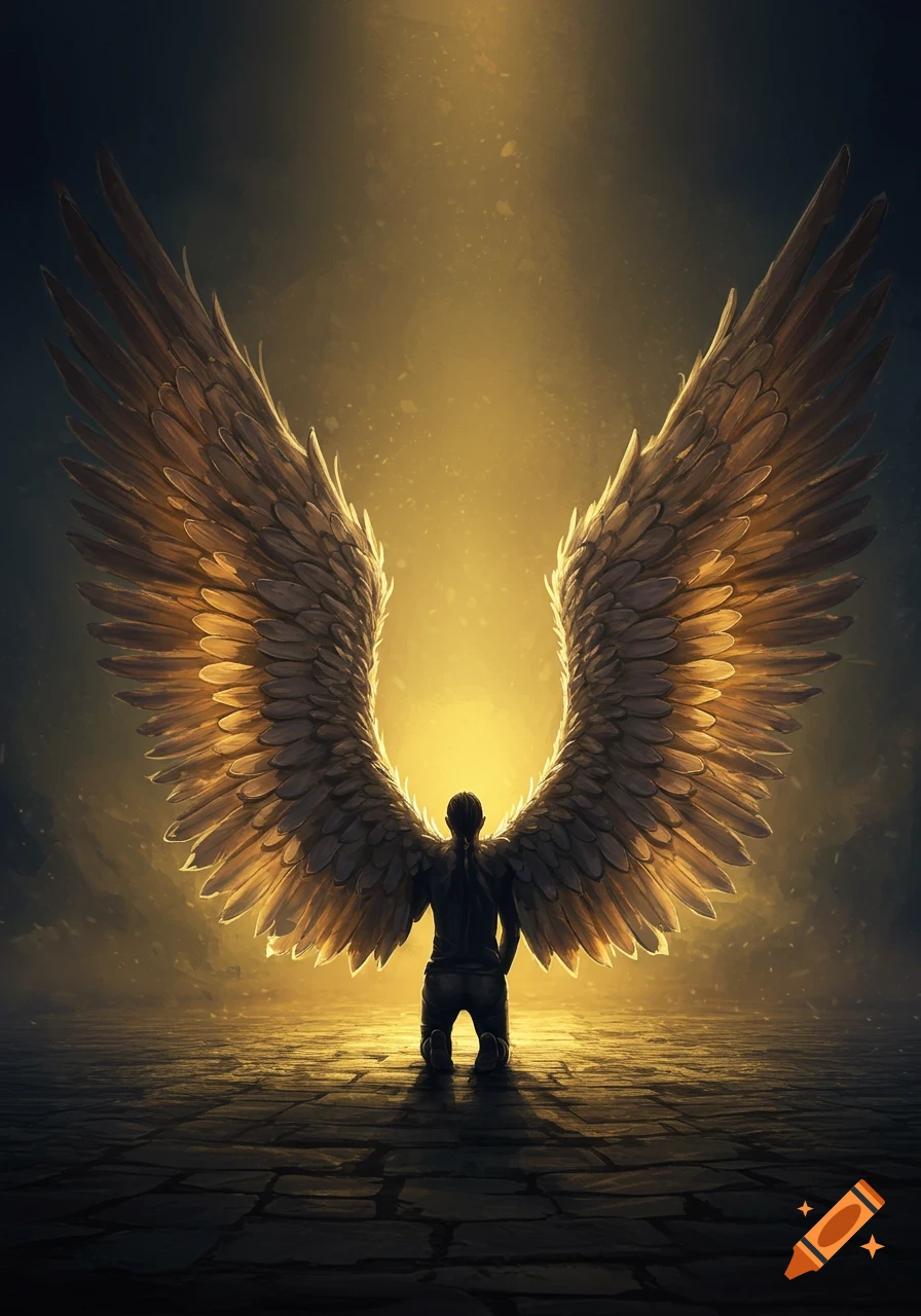 A cloaked figure kneels with magnificent, glowing golden wings spread wide against a dark, mystical background.