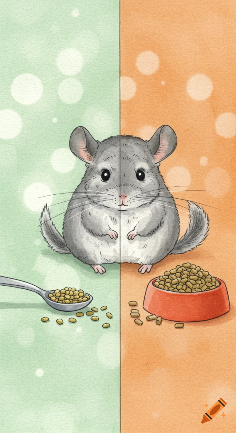 A children's book style watercolor illustration of a cute gray chinchilla comparing a small spoon of pellets to an overfilled food bowl.
