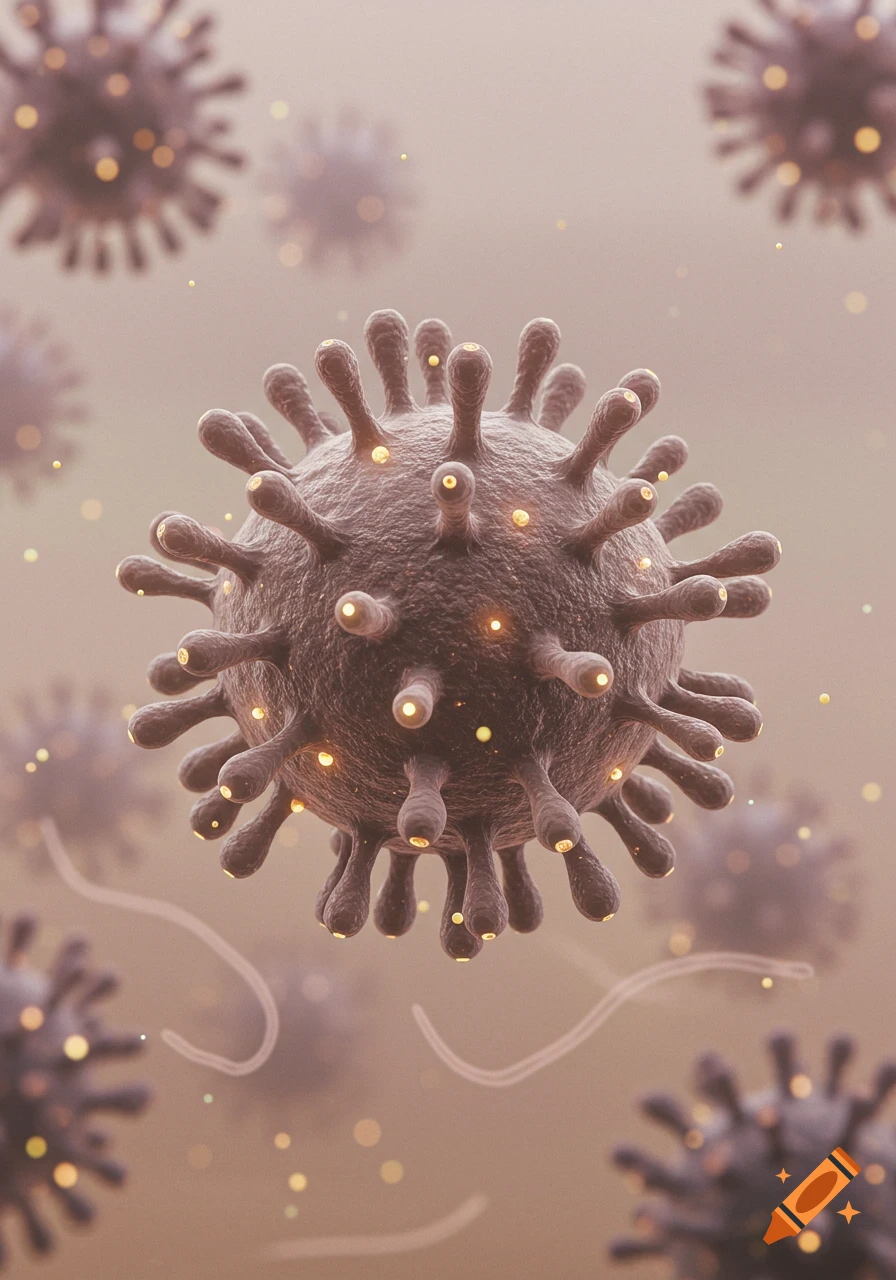A close-up of a stylized, greyish-brown virus with glowing yellow spike proteins, surrounded by other blurred viruses.