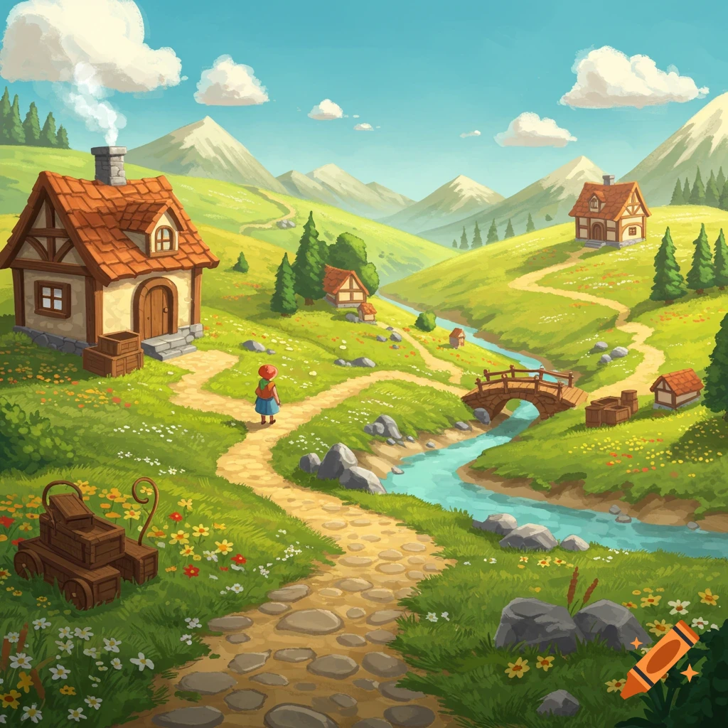 A vibrant cartoon landscape with rolling green hills, small houses, a winding river with a bridge, and a person on a stone path.