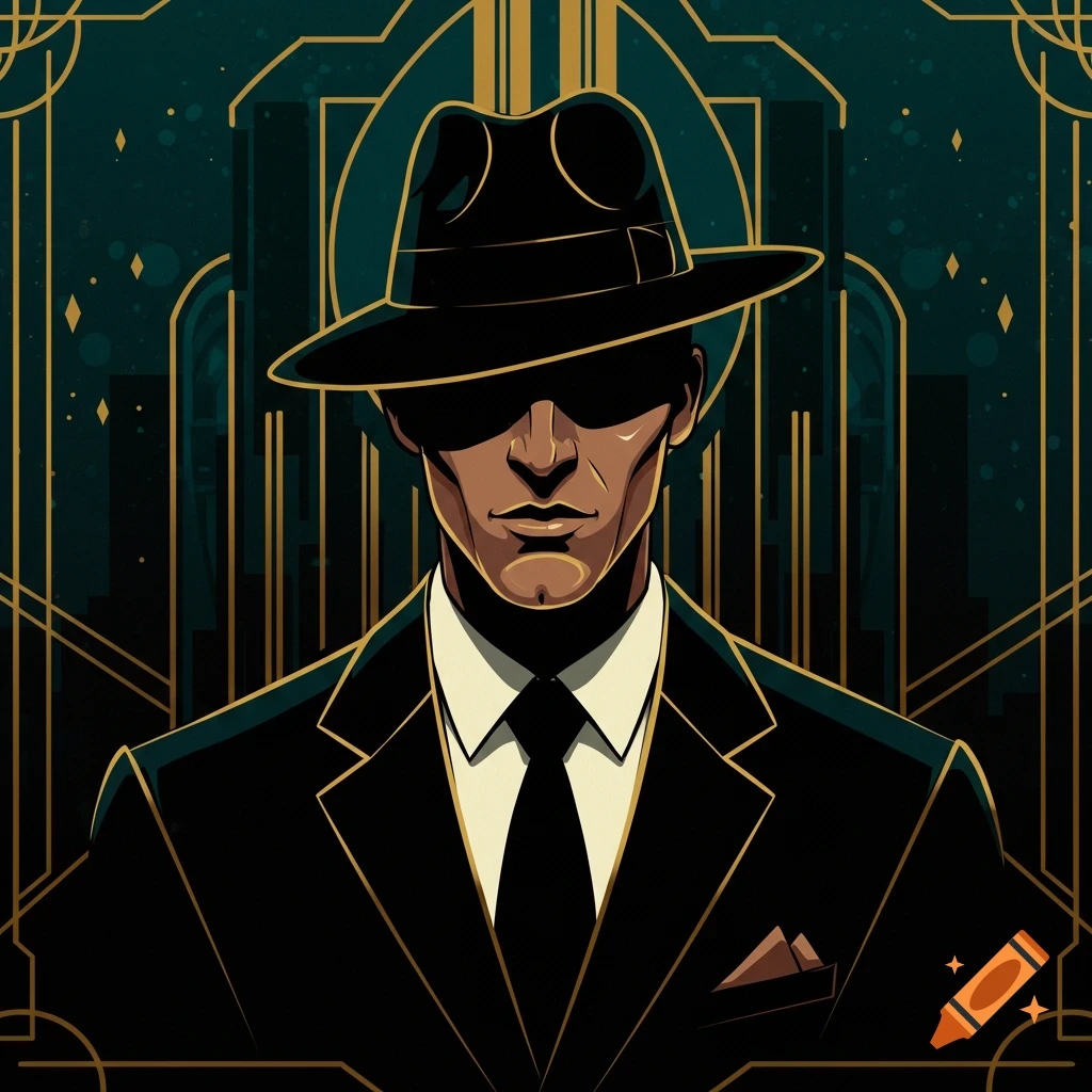 Art Deco illustration of a mysterious man in a black fedora and suit, with a dark background featuring geometric gold patterns.