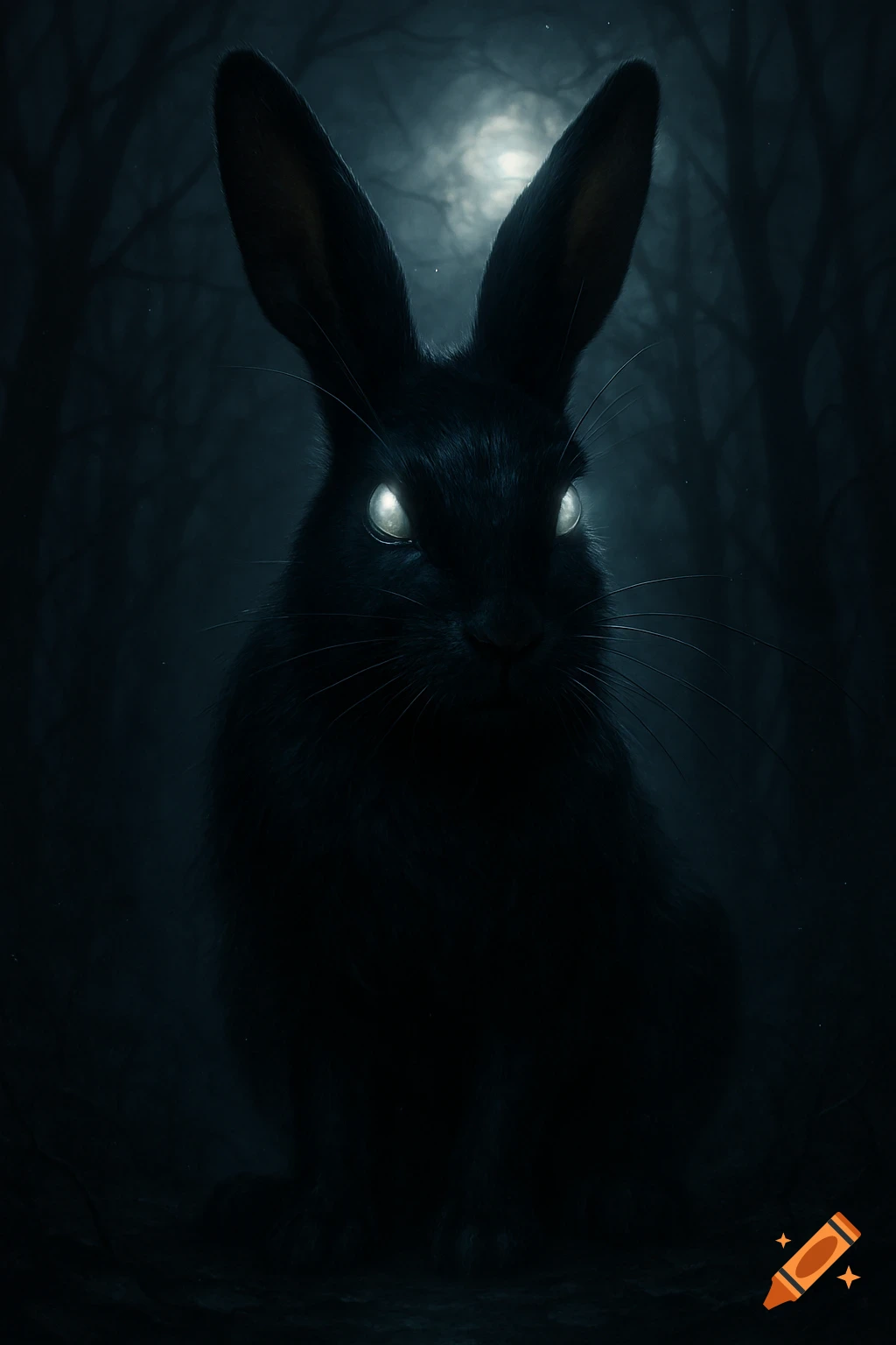 A black rabbit with glowing white eyes sits in a dark, foggy forest under a full moon, looking creepy and mysterious.