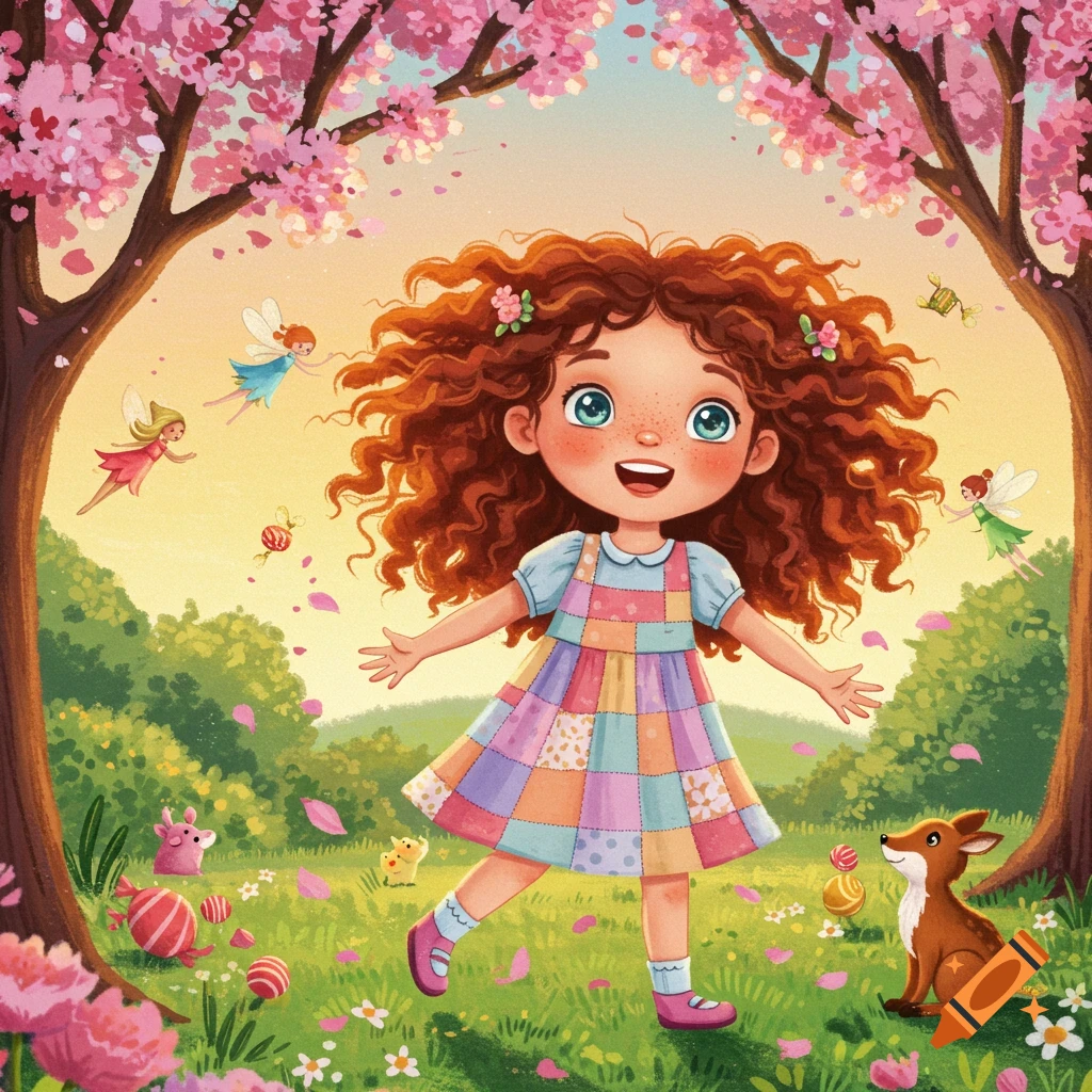 A cheerful cartoon girl with red curly hair in a patchwork dress stands in a vibrant spring meadow with cherry blossoms, fairies, and forest animals.