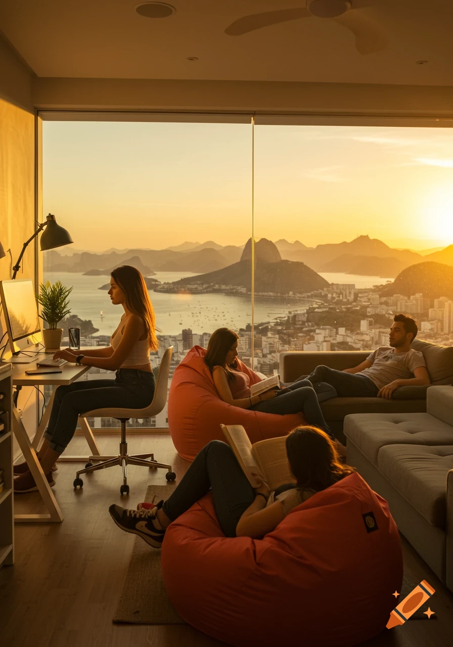 Three students relaxing in a modern apartment overlooking a city and mountains at sunset. One works on a computer, two read.