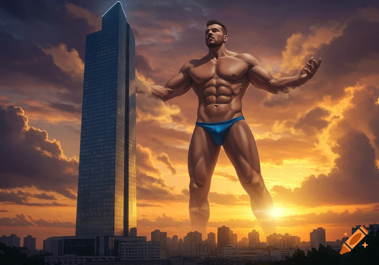 A giant muscular man in a blue speedo towers over a skyscraper in a cityscape during sunset.