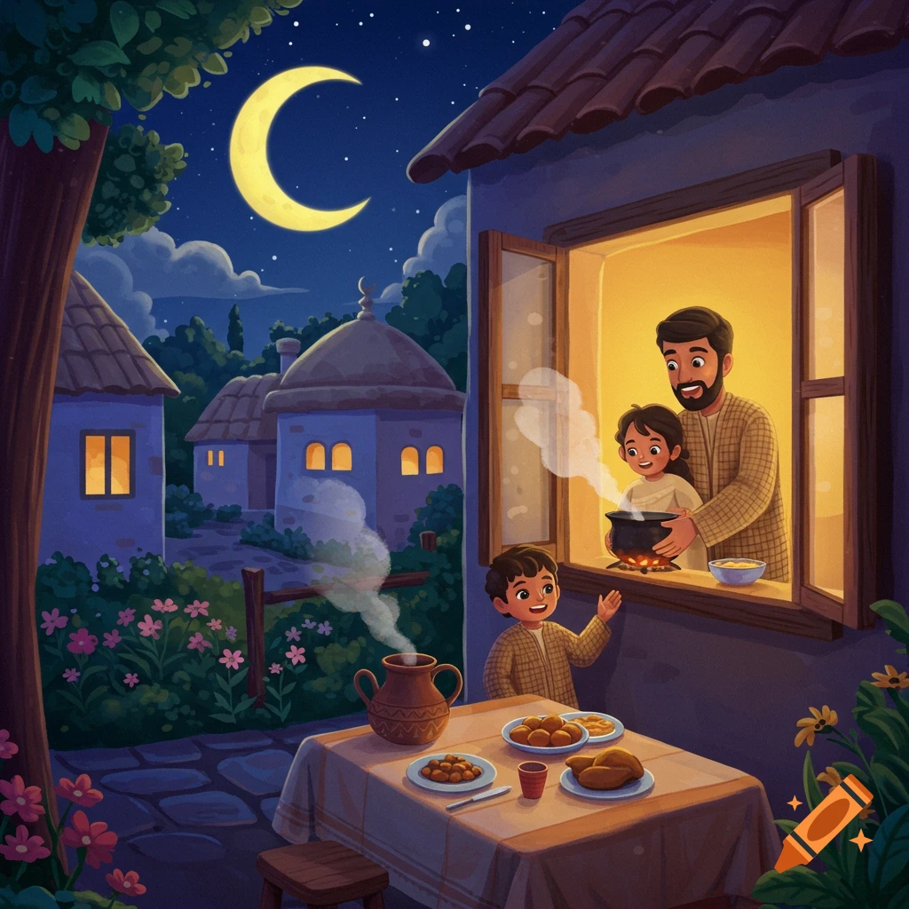 Illustrated scene of a father and two children preparing food by a window at night, with a table of food set outside under a crescent moon.