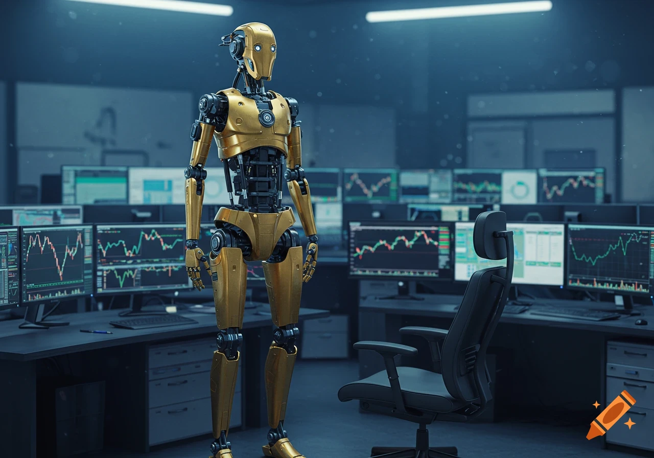 A golden robot stands in a futuristic trading room surrounded by multiple monitors displaying financial charts and data.