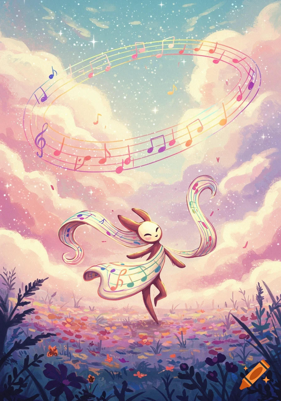 A whimsical, masked creature made of music notes dances in a field of colorful flowers under a starry, cloudy sky, with an oval ring of musical notation above.