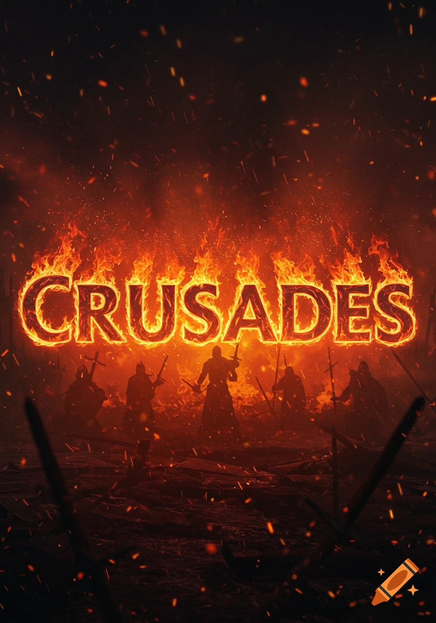 Fiery text 'CRUSADES' above silhouetted medieval knights in a battle-torn, smoke-filled landscape.