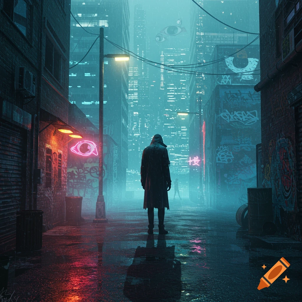A lone figure in a trench coat walks through a rainy, neon-lit cyberpunk city alley.