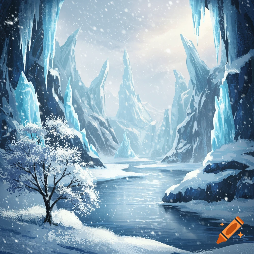 A serene winter landscape with a frozen river flowing between towering ice formations and snowy cliffs, a single snow-covered tree in the foreground, under light snowfall.