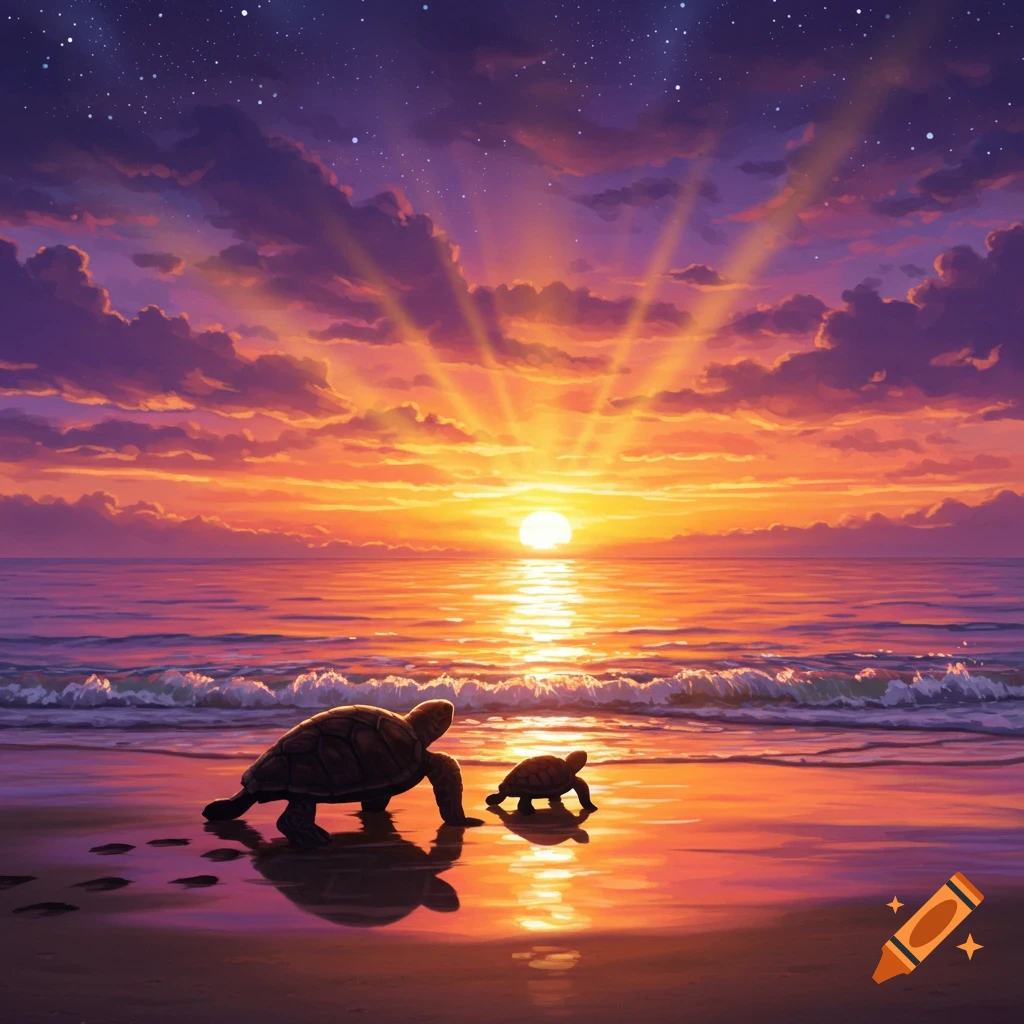 A mother and baby turtle walk on a beach into a surreal, vibrant orange and purple sunset over the ocean.