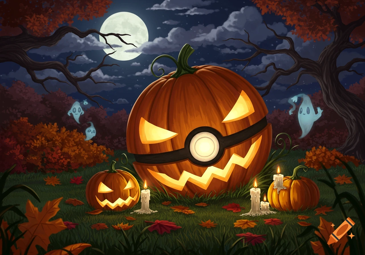 An illustration of a Halloween night scene with a large Pokeball jack-o'-lantern, smaller pumpkins, candles, and cute ghosts in an autumn forest.