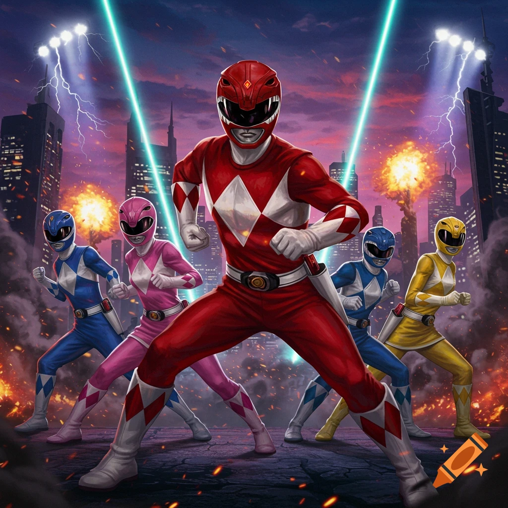 Red, blue, pink, and yellow Power Rangers strike heroic poses in a destroyed city with explosions, lightning, and laser beams.