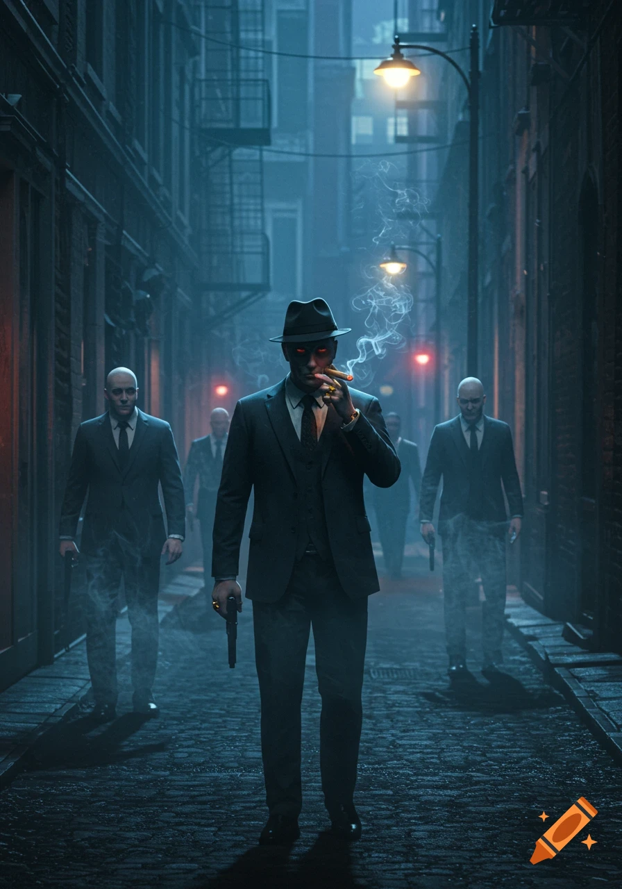 A man in a fedora, suit, and red glowing eyes smokes a cigar in a dark, misty alley, accompanied by other suited men with guns.