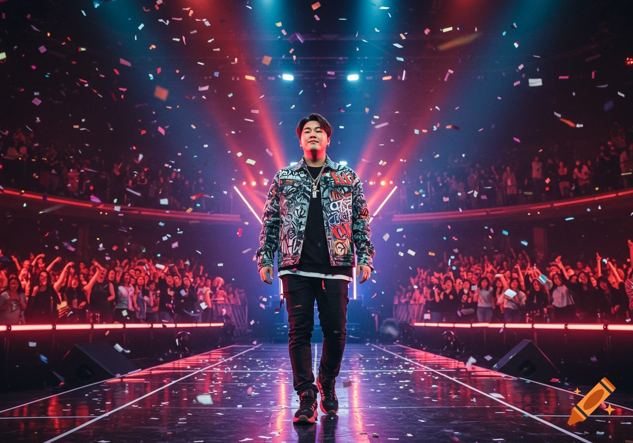 A man in a graphic jacket stands on a stage with confetti falling, an audience visible in the background, under blue and red lights.