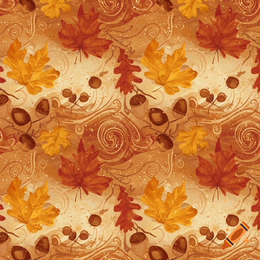 Seamless autumn pattern featuring yellow and red leaves, acorns, and decorative swirls on an orange background, watercolor style.