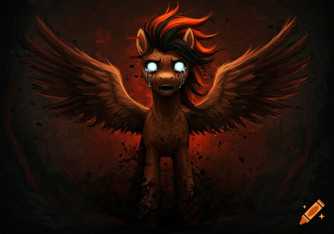 A corrupted brown pegasus pony with glowing white eyes and black tears, against a dark red glitchy background.