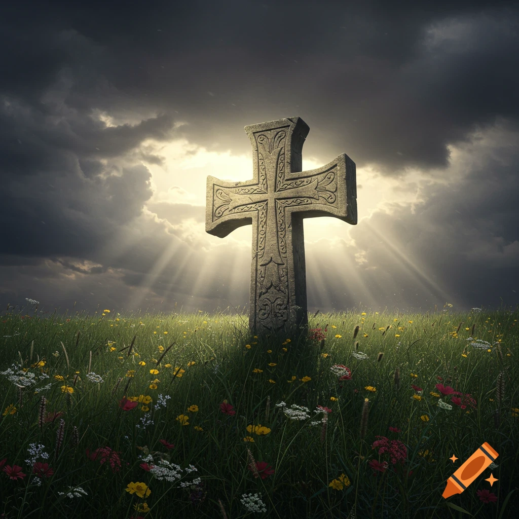 A stone cross with ornate carvings stands in a grassy field dotted with colorful wildflowers under a dramatic, cloudy sky with sun rays breaking through.