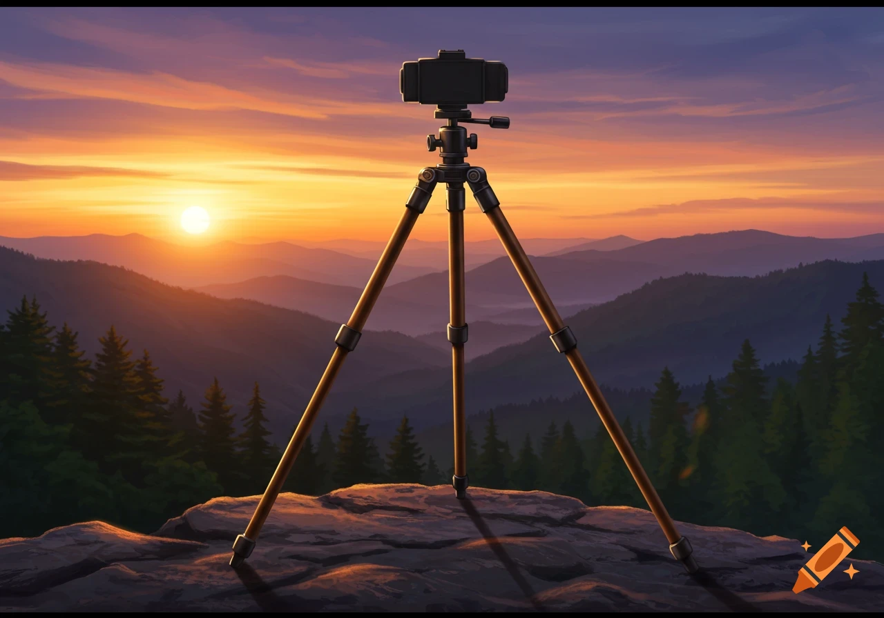 A camera on a tripod stands on a rocky mountain peak overlooking a sunset with rolling mountains in the distance, digital art style.