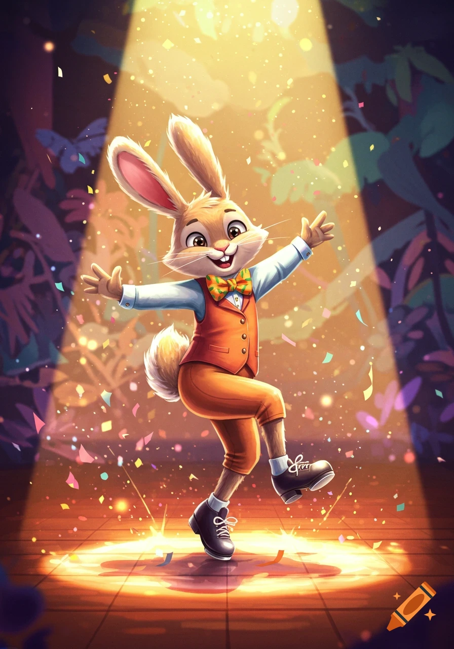A vibrant cartoon anthropomorphic rabbit in a suit tap dancing on a spotlighted stage with confetti.