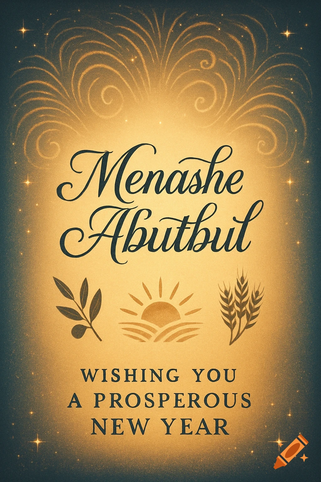 A New Year greeting card with fireworks, a sun, wheat, and an olive branch, featuring 'Menashe Abutbul Wishing You A Prosperous New Year'.