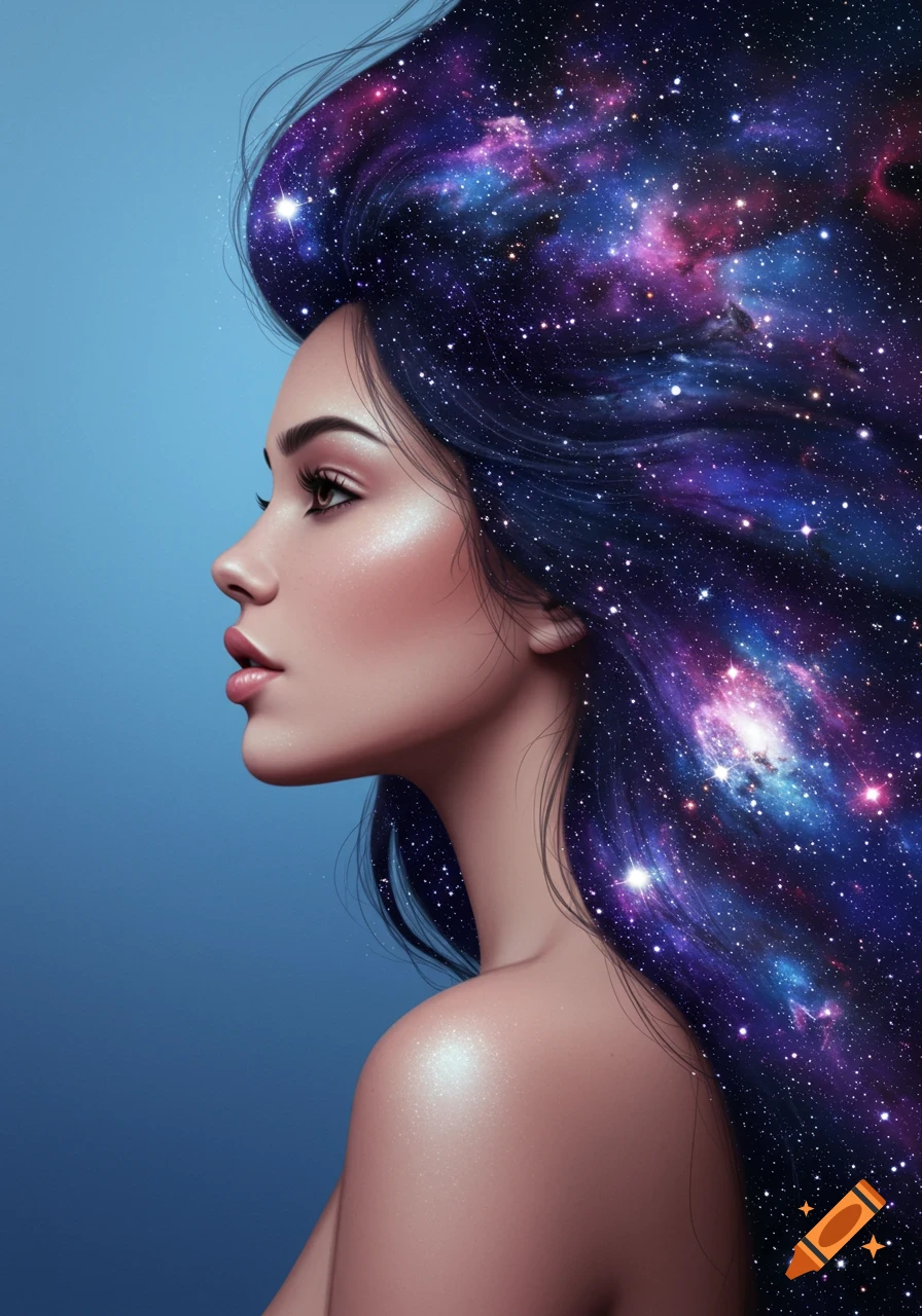 Profile portrait of a woman with long, flowing hair that is a galaxy of stars and nebulae.
