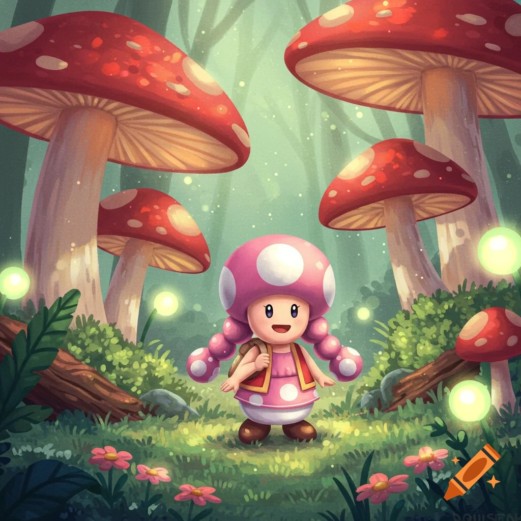 Toadette stands in a whimsical forest with giant red mushrooms, glowing orbs, and pink flowers in a cartoon style.
