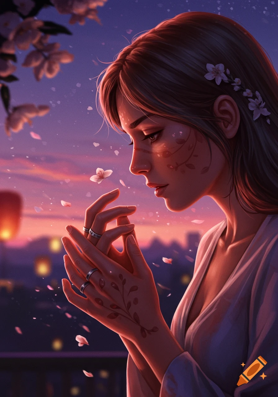 A digital painting of a serene woman looking at her hands with rings and floral patterns, petals falling around her against a twilight city.