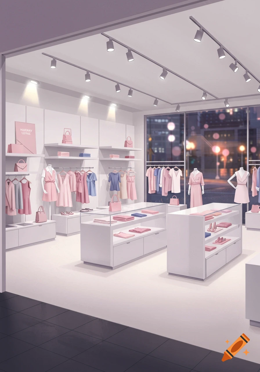 A brightly lit, modern clothing store interior at night with racks of pastel clothes, handbags, and display cases.