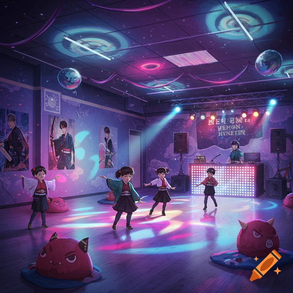 Anime children dance in a vibrant, neon-lit studio decorated for a K-pop demon hunter party.