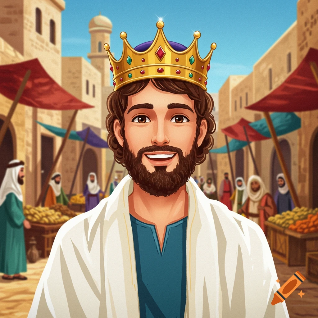 A smiling young king with a beard and a gold crown in a vibrant, cartoon-style Middle Eastern market.